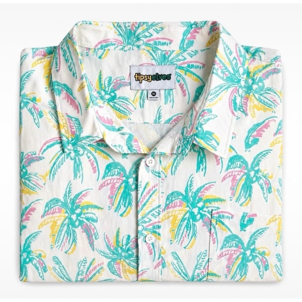 Tipsy Elves Mens 3XL Tropical Palm Tree Button Down Shirt White Teal Pink Yellow